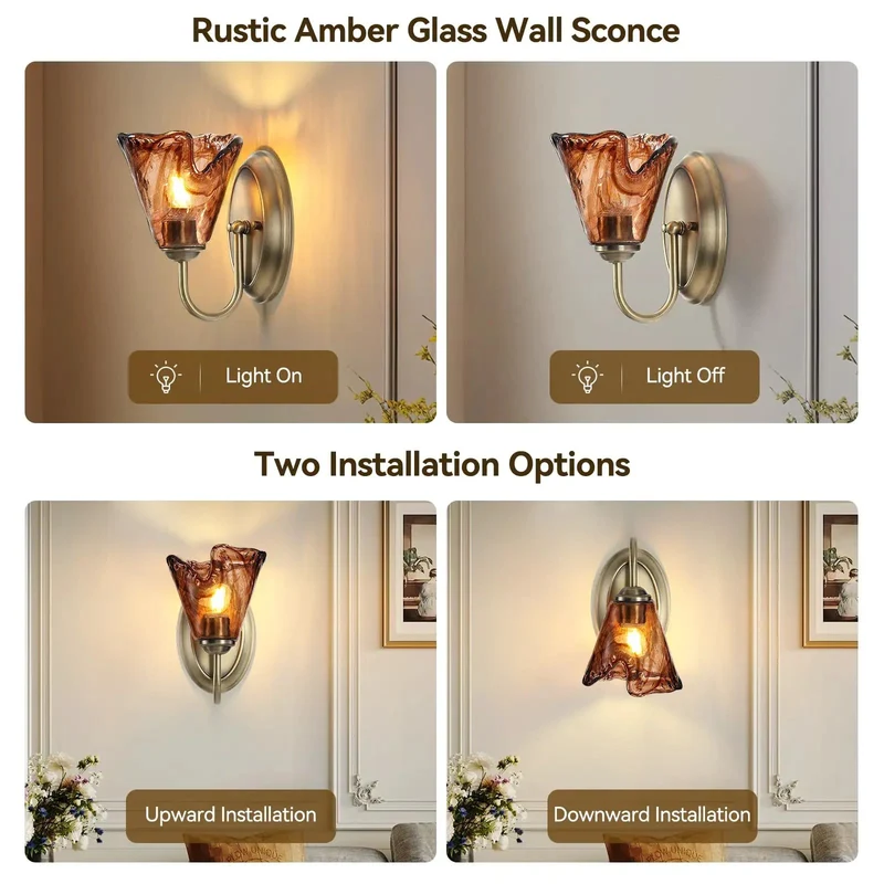Set Of Two Vintage Glass Wall Sconces With Aged Brass Finish And Handcrafted Amber Flower Glass Shades For Bathroom Vanity Lighting That Offers A Straight Up Stunning Upgrade And Totally Cozy Vibes