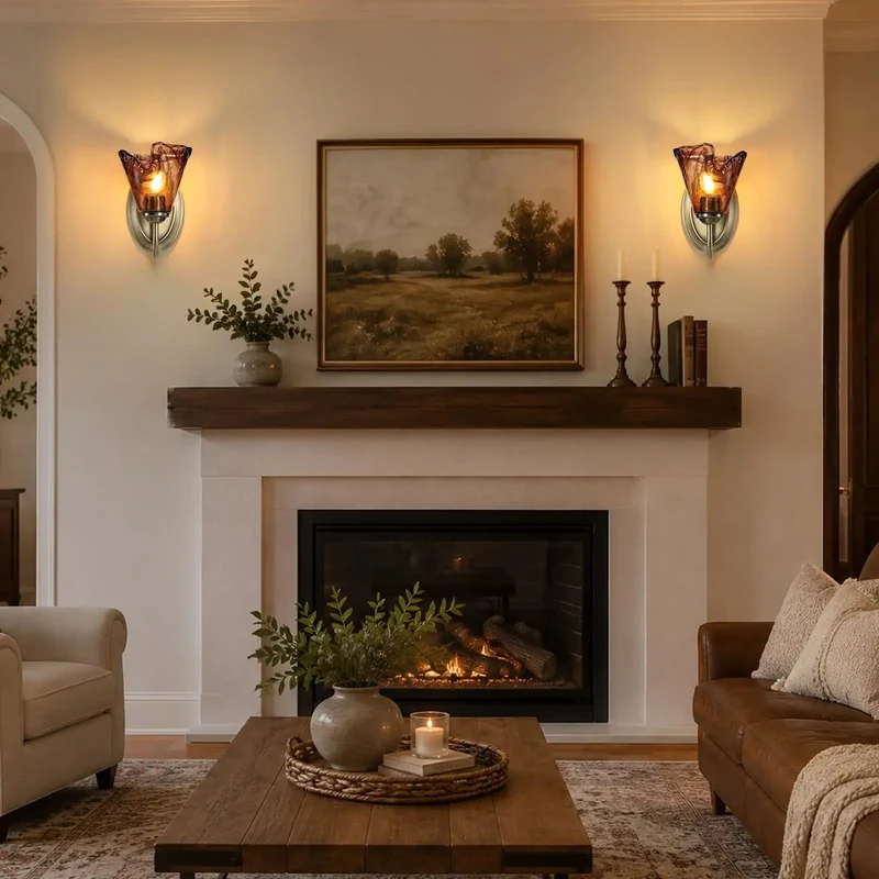 Set Of Two Vintage Glass Wall Sconces With Aged Brass Finish And Handcrafted Amber Flower Glass Shades For Bathroom Vanity Lighting That Offers A Straight Up Stunning Upgrade And Totally Cozy Vibes