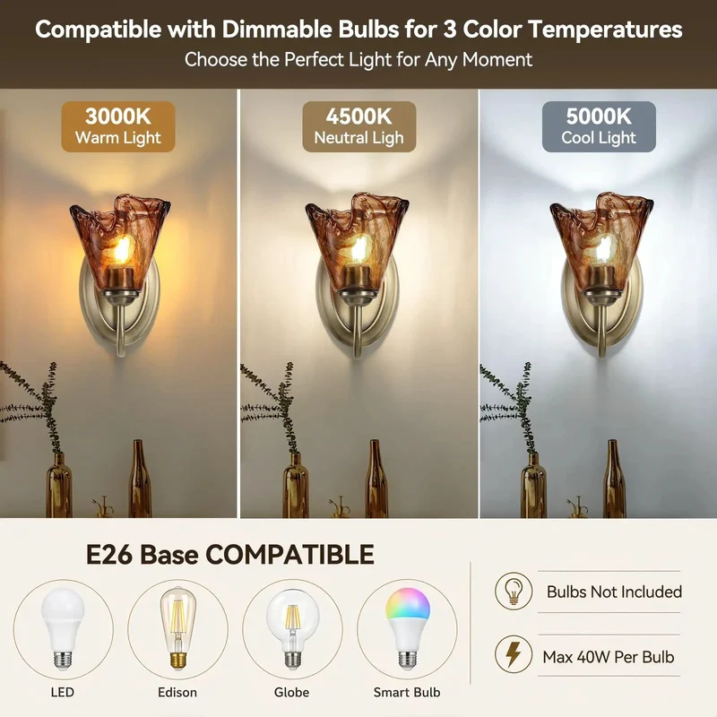 Set Of Two Vintage Glass Wall Sconces With Aged Brass Finish And Handcrafted Amber Flower Glass Shades For Bathroom Vanity Lighting That Offers A Straight Up Stunning Upgrade And Totally Cozy Vibes