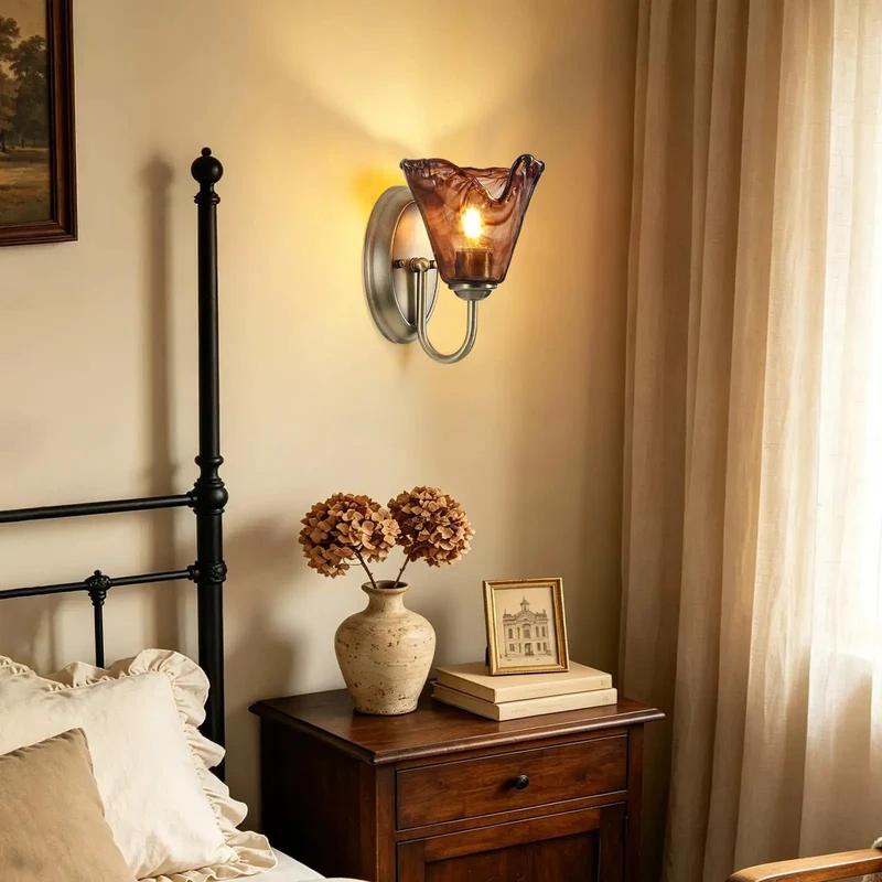 Set Of Two Vintage Glass Wall Sconces With Aged Brass Finish And Handcrafted Amber Flower Glass Shades For Bathroom Vanity Lighting That Offers A Straight Up Stunning Upgrade And Totally Cozy Vibes