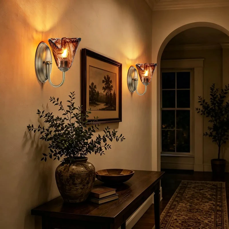 Set Of Two Vintage Glass Wall Sconces With Aged Brass Finish And Handcrafted Amber Flower Glass Shades For Bathroom Vanity Lighting That Offers A Straight Up Stunning Upgrade And Totally Cozy Vibes