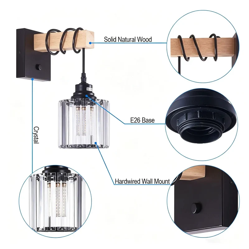 Rustic Farmhouse Hardwired Wall Sconces Two Pack Matte Black Metal And Solid Wood With Clear Crystal Shades To Be A Serious Game Changer For Your Home Accent Decor