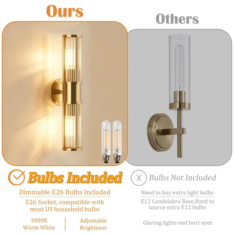 Klighten Modern Hardwired Wall Sconce With Brushed Brass Finish And Dimmable E26 Bulbs Included For Bathroom Vanity Lighting 3000k Warm White Eco Friendly Elegant Design Home Decor Fixture