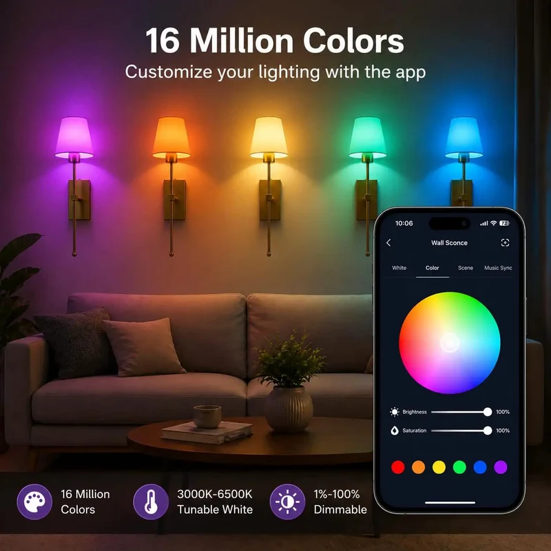 Wireless Wall Sconces Set Of Two Featuring A Massive Rechargeable Battery With Matter Compatible Smart Lighting That Hooks Up Effortlessly To Alexa Apple Home And Google For A Dead Simple And String Free Setup