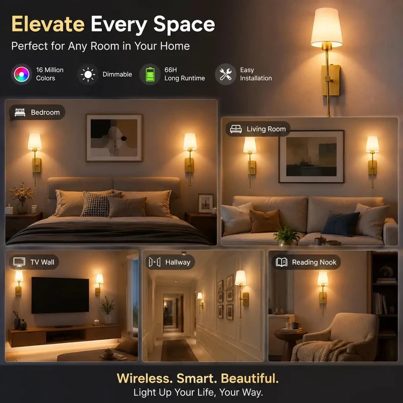 Wireless Wall Sconces Set Of Two Featuring A Massive Rechargeable Battery With Matter Compatible Smart Lighting That Hooks Up Effortlessly To Alexa Apple Home And Google For A Dead Simple And String Free Setup