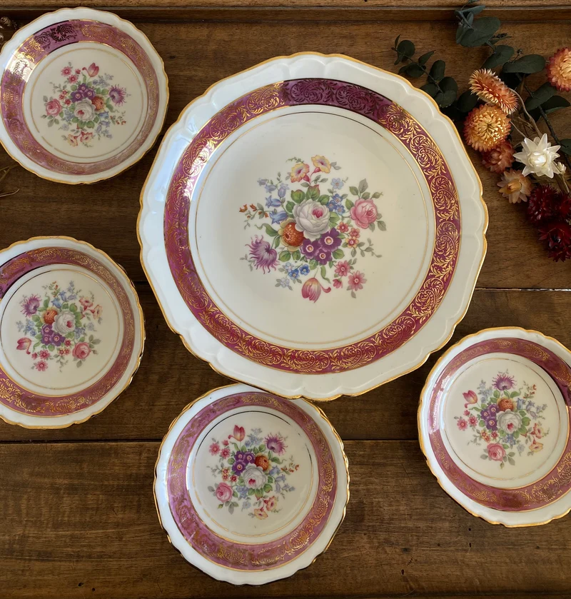 Service à dessert en porcelaine Bavaria vieux rose