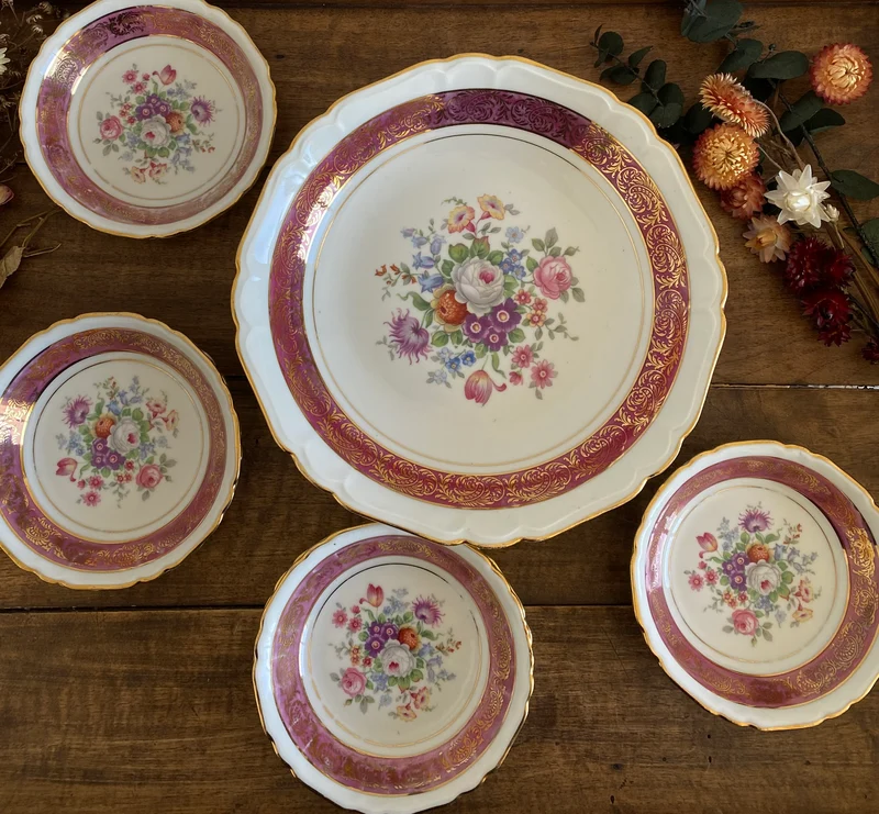 Service à dessert en porcelaine Bavaria vieux rose