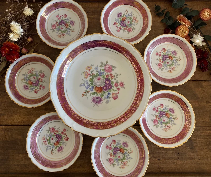 Service à dessert en porcelaine Bavaria vieux rose