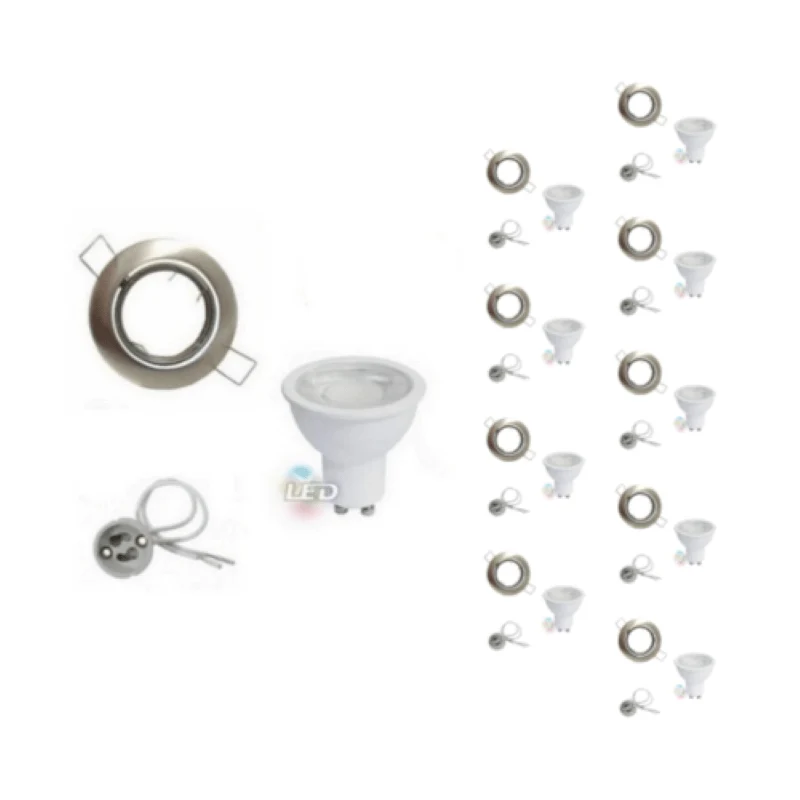 Kit Spot LED GU10 Encastrable Orientable 8W Rond Inox - Pack de 10