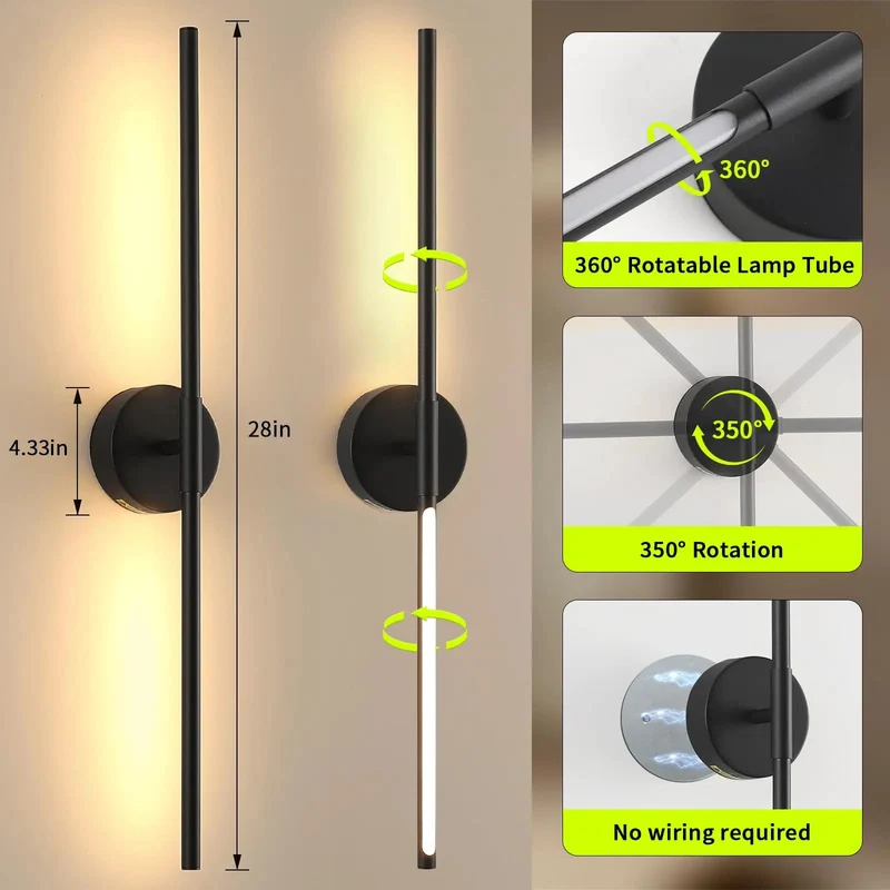 Modern 28 Inch Rechargeable Wall Sconces Set Of 2 Matte Black Cordless Accent Lights That Are Zero Hassle To Mount With Dimmable Remote Control And Built For Big Time Ambient Glow
