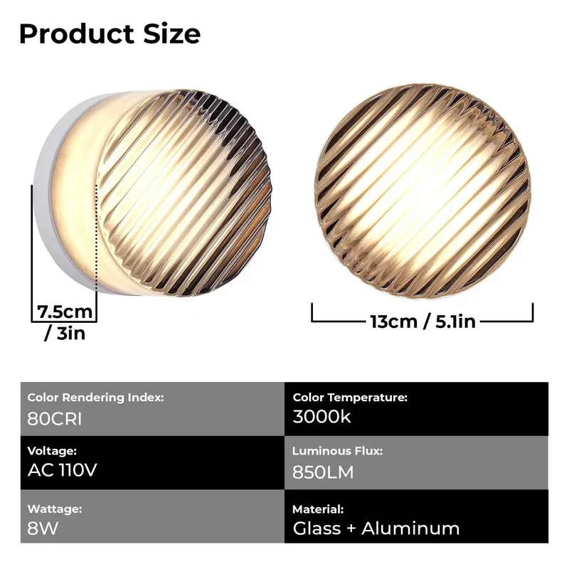 Super Sleek Round LED Wall Sconce Featuring Hella Modern Smoke Grey Striped Glass Shade 8W Warm White Vanity Lights Perfect For Bathroom Vanities And Bedroom Nightstands