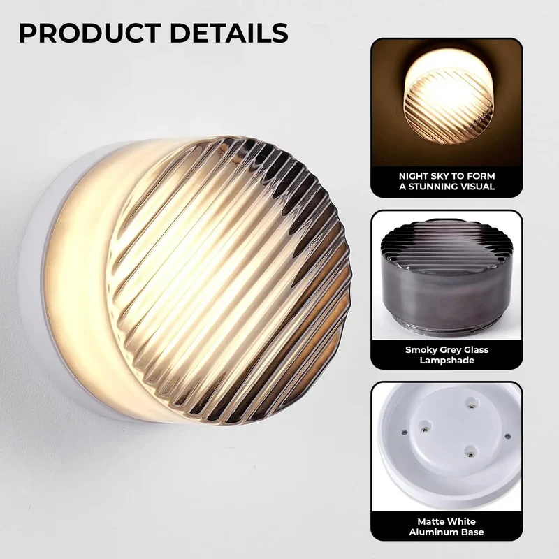 Super Sleek Round LED Wall Sconce Featuring Hella Modern Smoke Grey Striped Glass Shade 8W Warm White Vanity Lights Perfect For Bathroom Vanities And Bedroom Nightstands