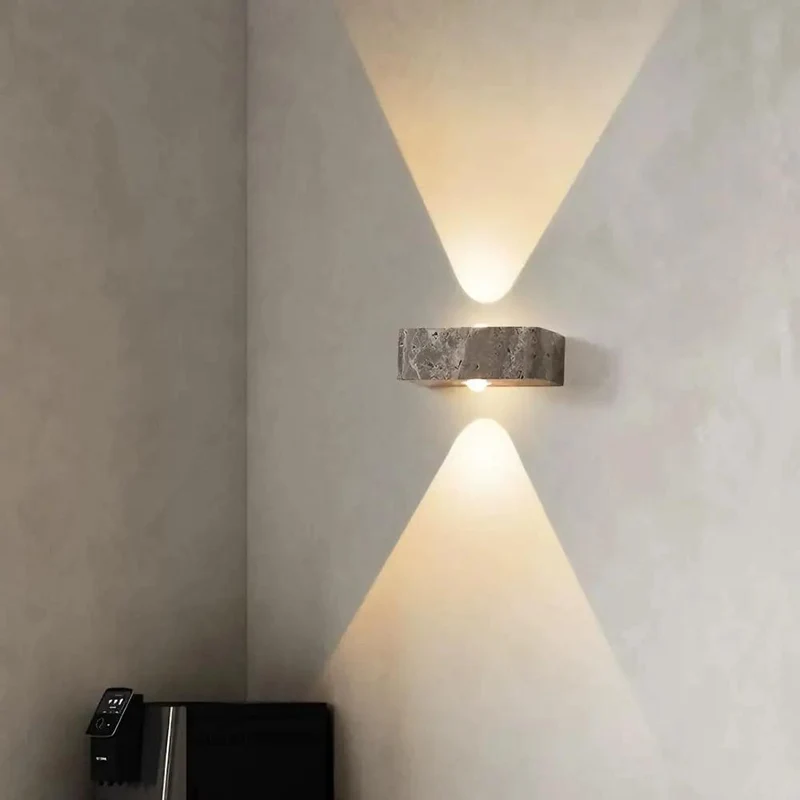 Straight Fire LED Wall Sconce Featuring Genuine Yellow Travertine Stone And Soft Glass For A Badass Mid Century Modern Up Down Light Setup That Seriously Brightens Up Any Living Room Layout