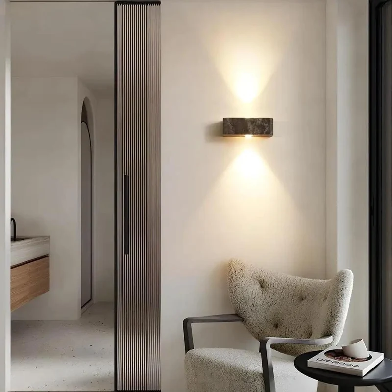 Straight Fire LED Wall Sconce Featuring Genuine Yellow Travertine Stone And Soft Glass For A Badass Mid Century Modern Up Down Light Setup That Seriously Brightens Up Any Living Room Layout