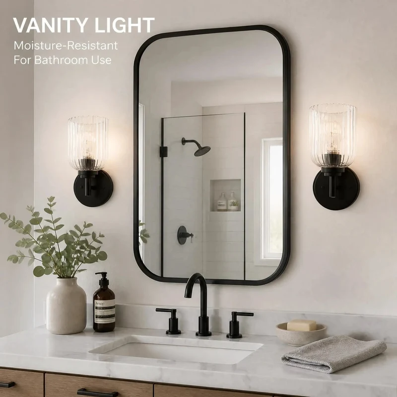Top Tier One Light Farmhouse Vanity Wall Sconce With Clean Ribbed Glass And Tough Matte Black Build For Next Level Vintage Industrial Vibes And Easy Ambient Lighting Setup