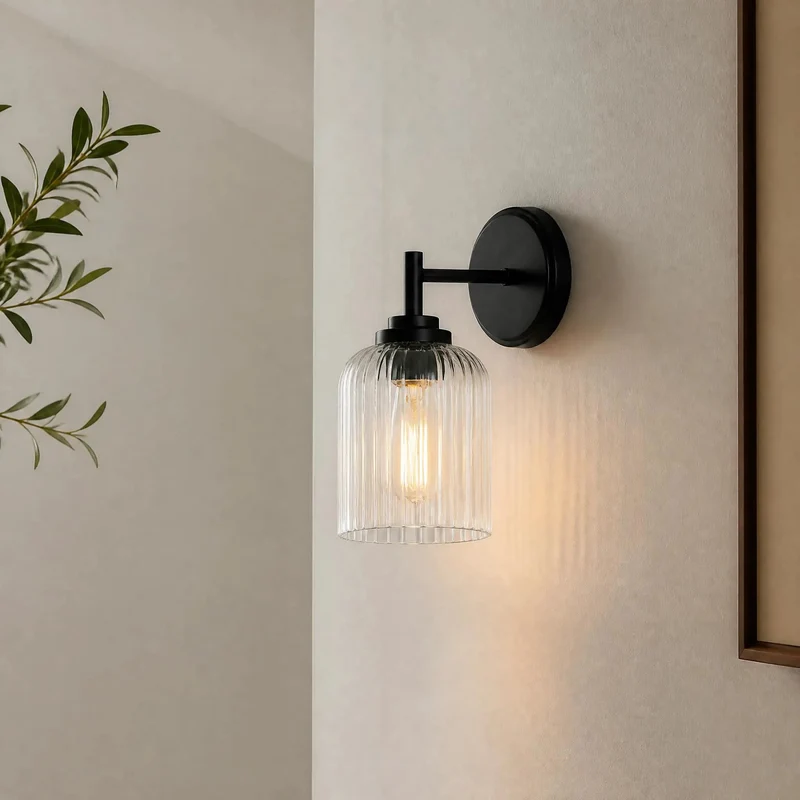 Top Tier One Light Farmhouse Vanity Wall Sconce With Clean Ribbed Glass And Tough Matte Black Build For Next Level Vintage Industrial Vibes And Easy Ambient Lighting Setup