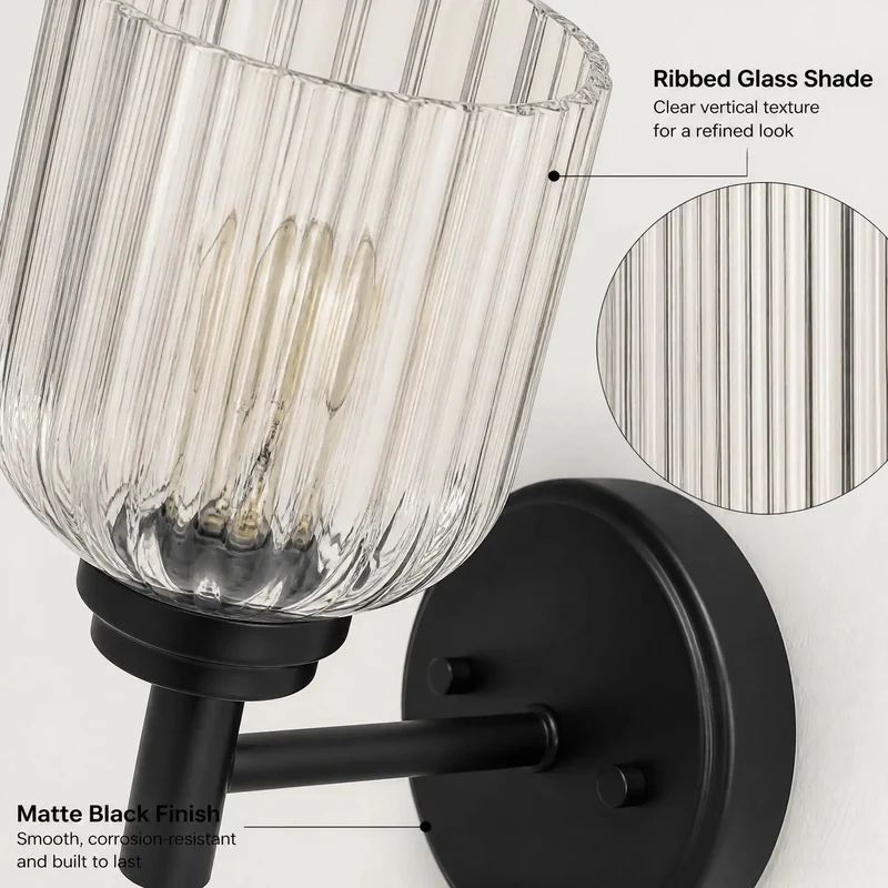 Top Tier One Light Farmhouse Vanity Wall Sconce With Clean Ribbed Glass And Tough Matte Black Build For Next Level Vintage Industrial Vibes And Easy Ambient Lighting Setup
