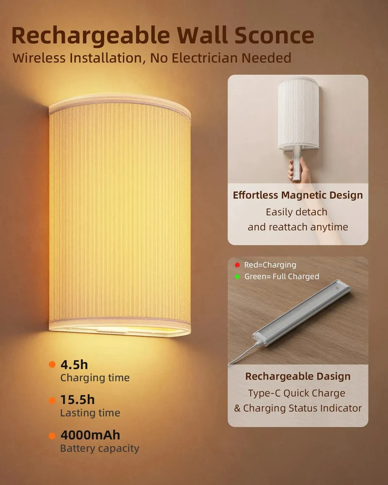 Set of Two Wireless Pleated Wall Sconces Rechargeable with Remote 3Colors plus 80Rgb Dimmable No Drill Usb C Bedroom Glow Up Swoon Worthy White Shades