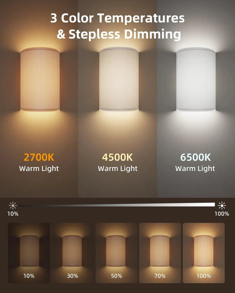 Set of Two Wireless Pleated Wall Sconces Rechargeable with Remote 3Colors plus 80Rgb Dimmable No Drill Usb C Bedroom Glow Up Swoon Worthy White Shades