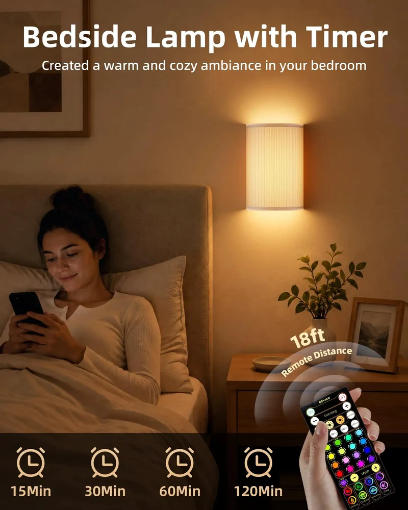 Set of Two Wireless Pleated Wall Sconces Rechargeable with Remote 3Colors plus 80Rgb Dimmable No Drill Usb C Bedroom Glow Up Swoon Worthy White Shades