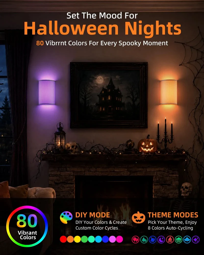 Set of Two Wireless Pleated Wall Sconces Rechargeable with Remote 3Colors plus 80Rgb Dimmable No Drill Usb C Bedroom Glow Up Swoon Worthy White Shades