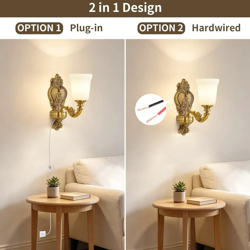 Premium Dimmable Plug In Wall Sconce Featuring Vintage Gold Finished Brass Frame And Frosted Glass Shade That Sets The Mood With Straight Up Amazing Living Room Vibes