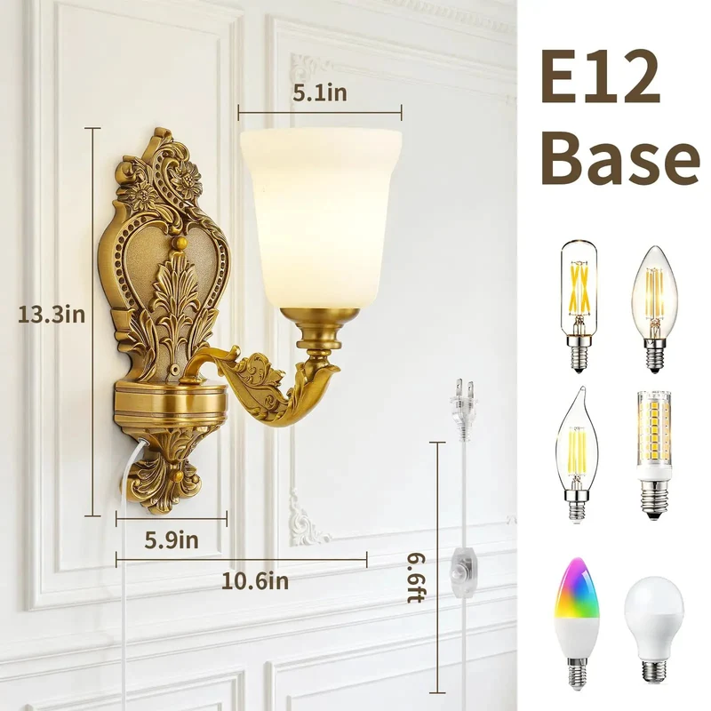 Premium Dimmable Plug In Wall Sconce Featuring Vintage Gold Finished Brass Frame And Frosted Glass Shade That Sets The Mood With Straight Up Amazing Living Room Vibes
