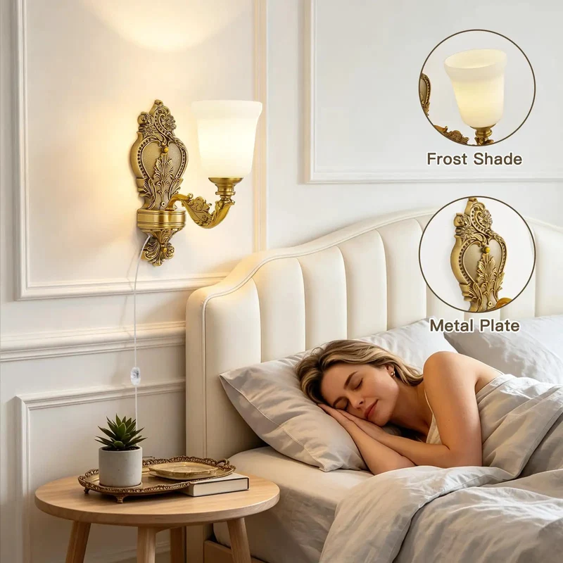 Premium Dimmable Plug In Wall Sconce Featuring Vintage Gold Finished Brass Frame And Frosted Glass Shade That Sets The Mood With Straight Up Amazing Living Room Vibes