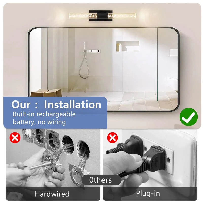Modern Black Wireless Wall Sconce Set Of Two, Rechargeable Dimmable Vanity Light With Remote Control, Zero Wiring Hassle For Bedroom Bathroom Hallway Living Room