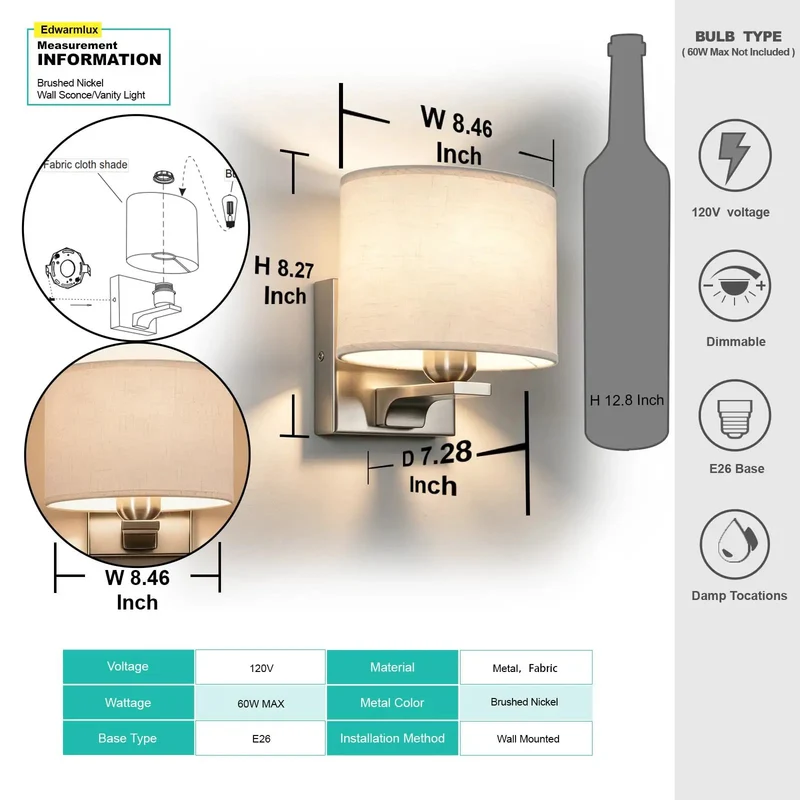 Lowkey Elegant Indoor Wall Sconce In Brushed Nickel Featuring Oval Meteor Shower Fabric Shade For Smooth Ambient Lighting And Chill Room Decor With E26 Base Bulbs Not Included One Pack