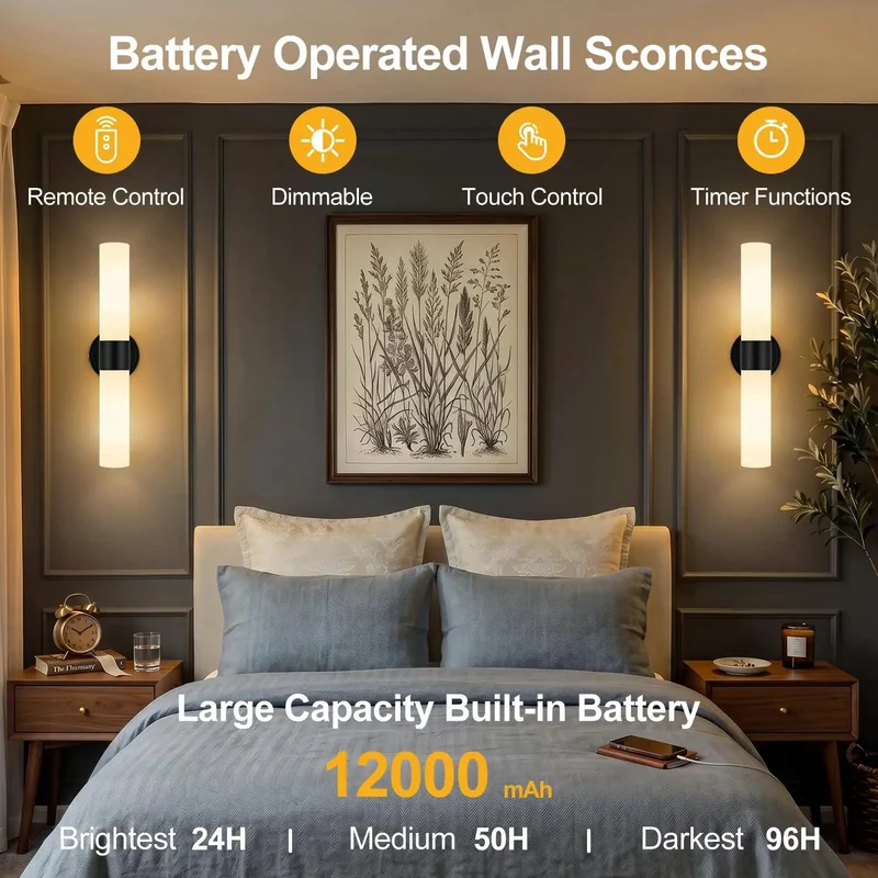 Rechargeable Wall Sconces Set Of Two Modern Matte Cordless Lights With Remote Dimmable Milky Glass Wireless Battery Fixture Level Up Your Digs Bedroom Bathroom Living Room Hallway