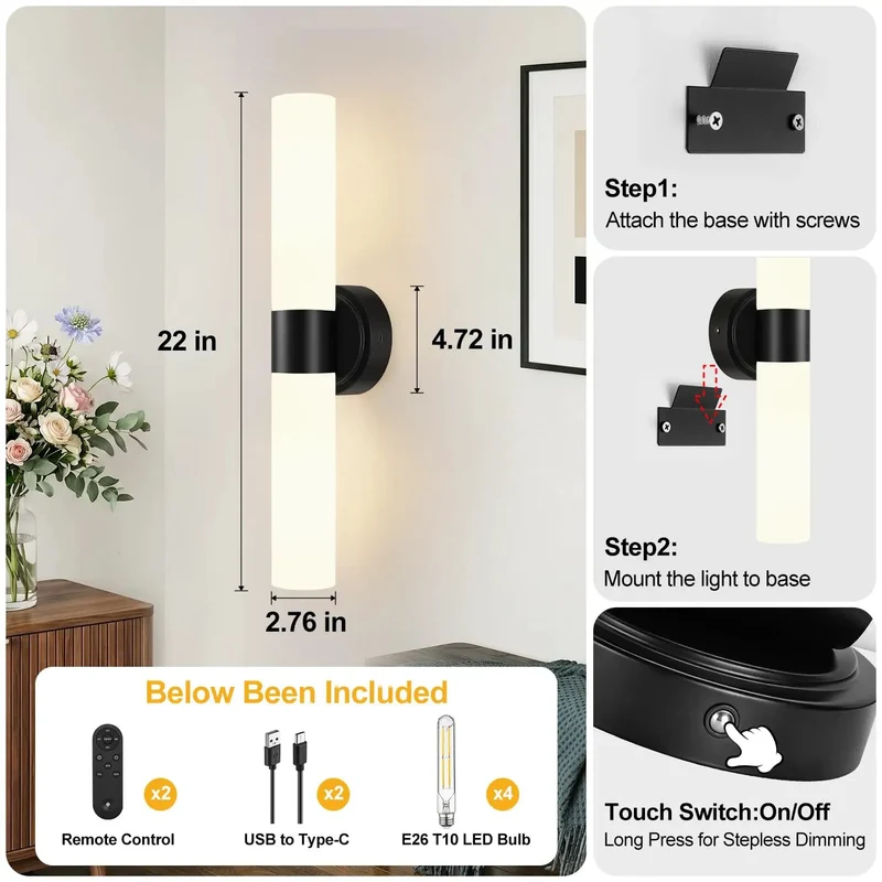Rechargeable Wall Sconces Set Of Two Modern Matte Cordless Lights With Remote Dimmable Milky Glass Wireless Battery Fixture Level Up Your Digs Bedroom Bathroom Living Room Hallway