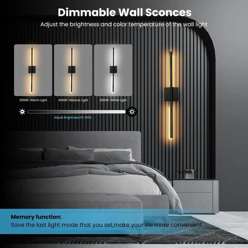 Set Of 2 Black Plug In Wall Sconces For Acoustic Wall Panels, 28 Inch Dimmable Slat Wall Lights With Memory Dimming, Adjustable Color Temperature, Smooth Plug And Play Setup For A Total Vibe Upgrade