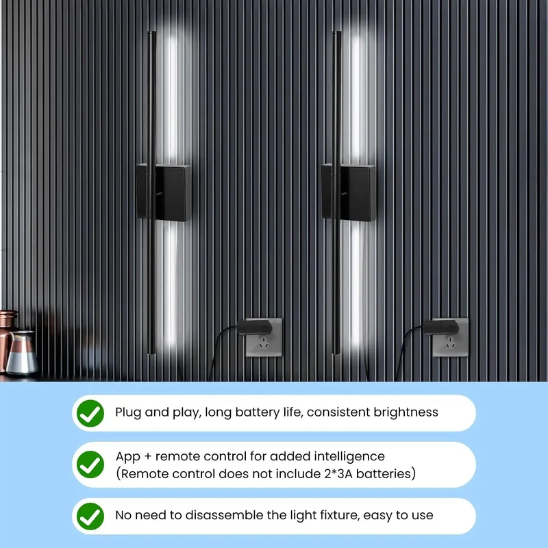 Set Of 2 Black Plug In Wall Sconces For Acoustic Wall Panels, 28 Inch Dimmable Slat Wall Lights With Memory Dimming, Adjustable Color Temperature, Smooth Plug And Play Setup For A Total Vibe Upgrade