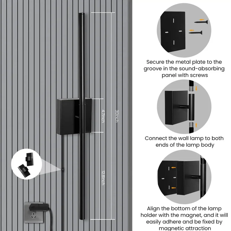 Set Of 2 Black Plug In Wall Sconces For Acoustic Wall Panels, 28 Inch Dimmable Slat Wall Lights With Memory Dimming, Adjustable Color Temperature, Smooth Plug And Play Setup For A Total Vibe Upgrade