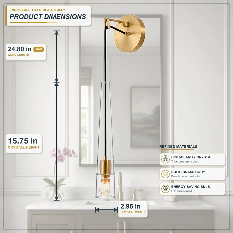 Drop Dead Gorgeous Brushed Gold Wall Sconces With Clear Crystal Glass, Hardwired Vanity Light Fixture For Bathroom Mirrors Bedrooms And Hallways, Bulb Included Top Tier Modern Design