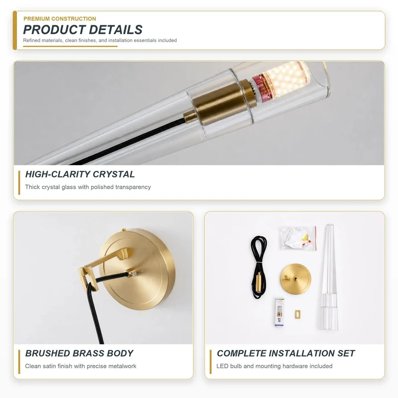 Drop Dead Gorgeous Brushed Gold Wall Sconces With Clear Crystal Glass, Hardwired Vanity Light Fixture For Bathroom Mirrors Bedrooms And Hallways, Bulb Included Top Tier Modern Design
