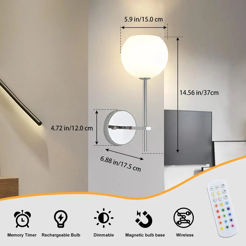 Effortlessly Stylish Chrome Battery Wall Sconces Set Of 2 Featuring Milky Frosted Glass Shadings 12 RGB And 3CCT Dimmable Modes Zero Wiring Hassle Wireless Remote Included Total Home Glow Upgrade For Bedrooms