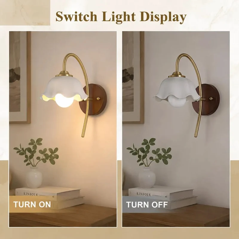 Straight Up Stunning Vintage Wireless Wall Sconces Set Of Two Dimmable Rechargeable Battery Lights Featuring Warm Walnut Wood Base Elegant Brass Curve And Floral Ceramic Shade