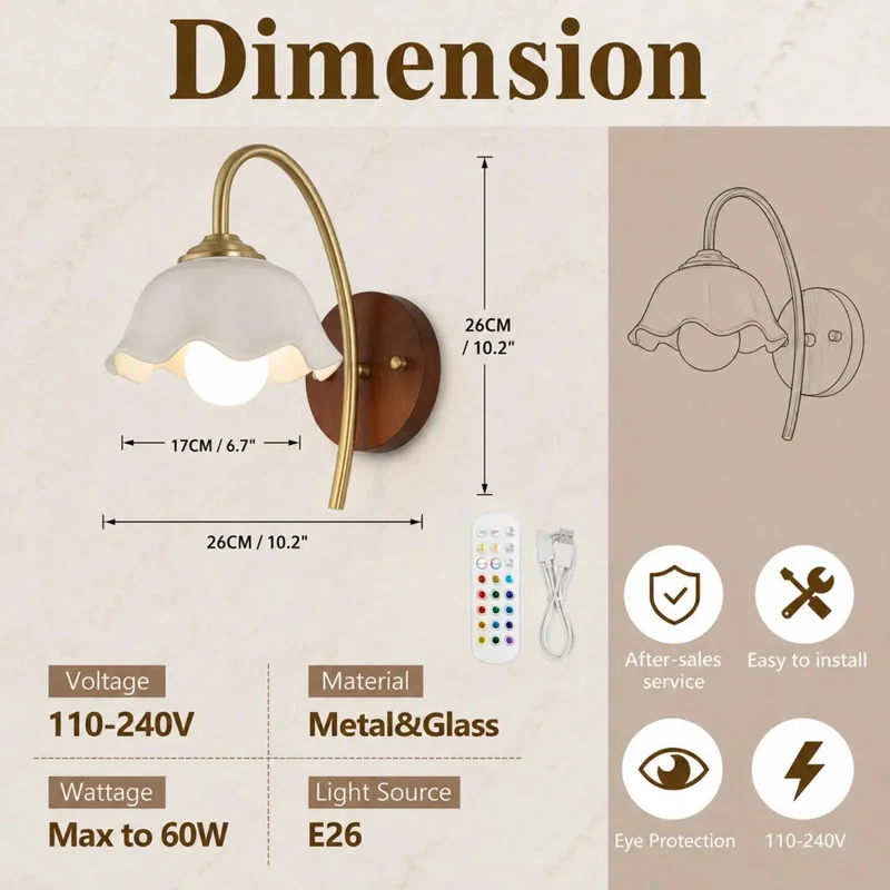 Straight Up Stunning Vintage Wireless Wall Sconces Set Of Two Dimmable Rechargeable Battery Lights Featuring Warm Walnut Wood Base Elegant Brass Curve And Floral Ceramic Shade
