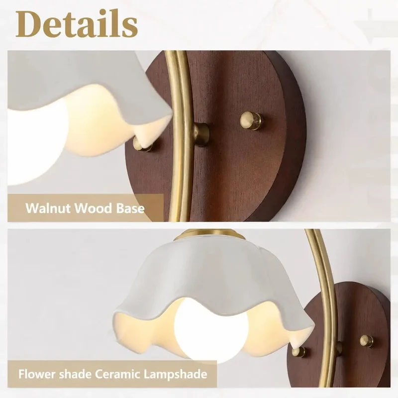 Straight Up Stunning Vintage Wireless Wall Sconces Set Of Two Dimmable Rechargeable Battery Lights Featuring Warm Walnut Wood Base Elegant Brass Curve And Floral Ceramic Shade