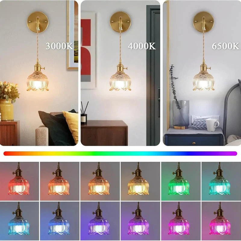 USB Rechargeable RGB Wall Light With Remote Dimming And Sleek Glass Flower Lampshade Hits Different For Bedroom Living Room No Wiring Needed Makes Your Space Feel Fresh Comes Ready As A Super Handy Two Pack