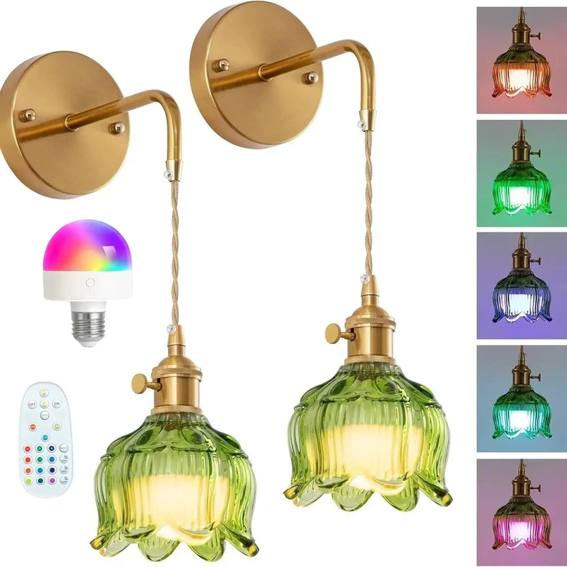 USB Rechargeable RGB Wall Light With Remote Dimming And Sleek Glass Flower Lampshade Hits Different For Bedroom Living Room No Wiring Needed Makes Your Space Feel Fresh Comes Ready As A Super Handy Two Pack
