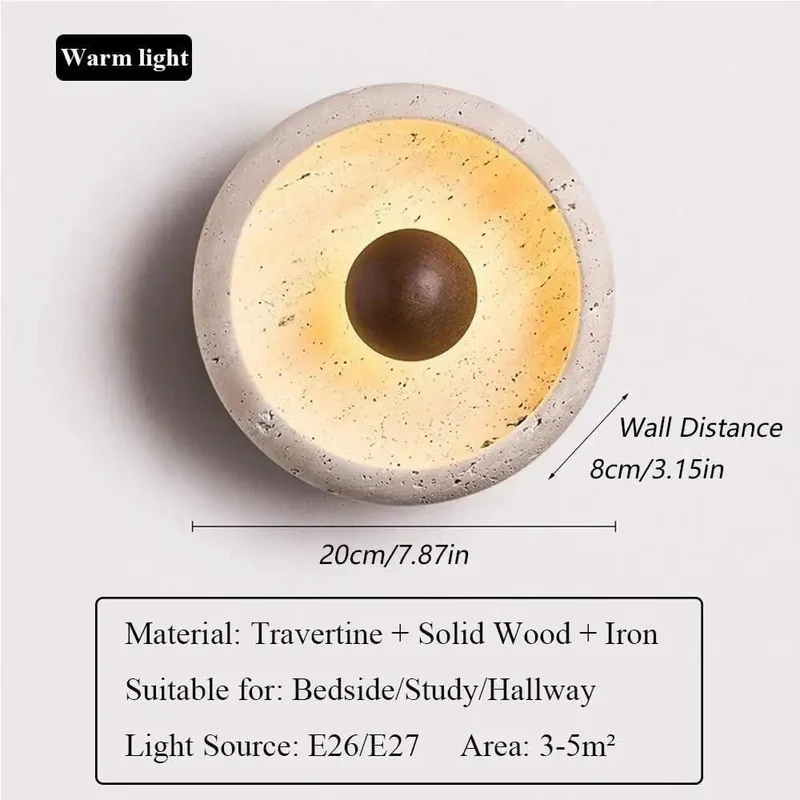Top Shelf Round Travertine Wall Sconce With Genuine Stone Shade And Rustic Wood Trim Hardwired E26 Reading Lamp For Chill Modern Bedroom Or Hallway Decor Setup