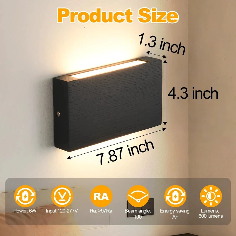 Clean Modern Wooden LED Wall Sconce Up Down Light With Adjustable Color Tone Dead Simple Hardwired Install Perfect For Bedroom Hallway Or Stairway Black Two Pack Totally Fresh Look