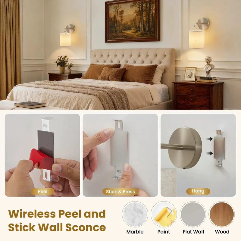 Set Of 2 Peel And Stick Wall Sconces Brushed Nickel Battery Operated Lighting No Drill Install Super Easy Rental Hack Remote Controlled 18W RGB Color Changing Bedroom Glow Up