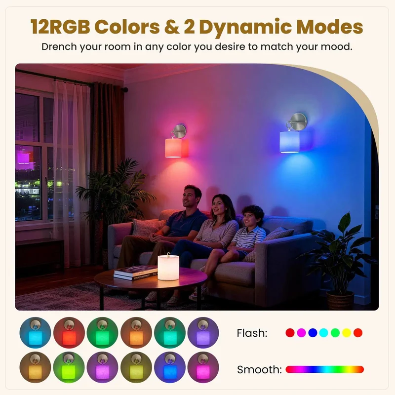 Set Of 2 Peel And Stick Wall Sconces Brushed Nickel Battery Operated Lighting No Drill Install Super Easy Rental Hack Remote Controlled 18W RGB Color Changing Bedroom Glow Up