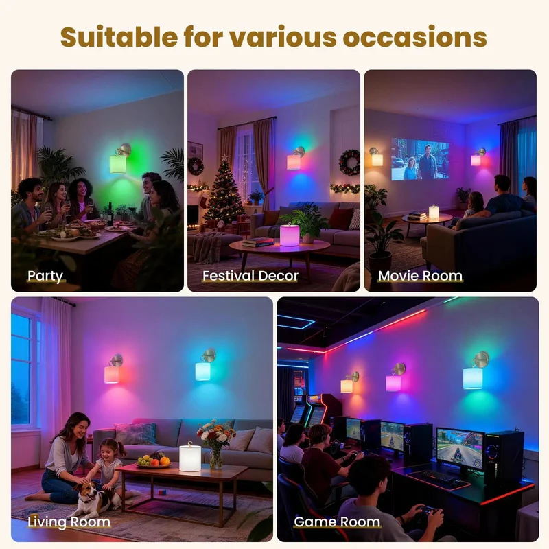 Set Of 2 Peel And Stick Wall Sconces Brushed Nickel Battery Operated Lighting No Drill Install Super Easy Rental Hack Remote Controlled 18W RGB Color Changing Bedroom Glow Up