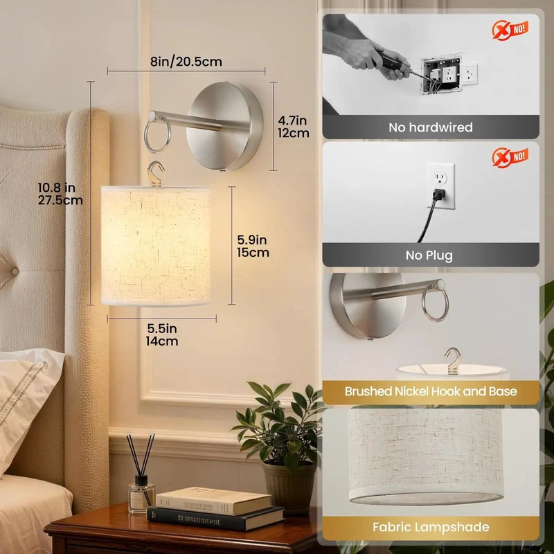 Set Of 2 Peel And Stick Wall Sconces Brushed Nickel Battery Operated Lighting No Drill Install Super Easy Rental Hack Remote Controlled 18W RGB Color Changing Bedroom Glow Up