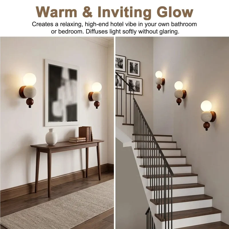 Modern Travertine Wall Sconce With Glass Globe And Wood Accent Lighting For Bedroom Living Room Hallway Bringing Hella Fresh Vibes To Your Hardwired Geometric Setup